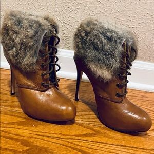 Dolce Vita Fur Ankle Bootie, Natural Leather. Plush Tufts of Rabbit Fur.